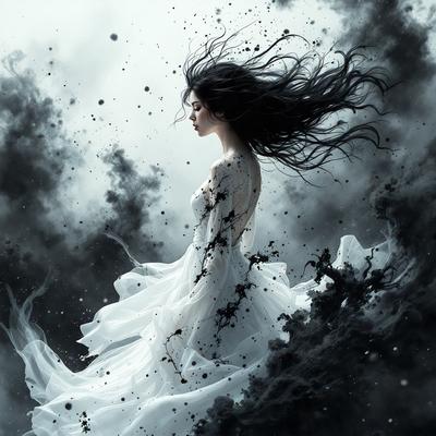 The primary subject of the image is a woman with long, flowing hair. She is wearing a white dress and appears to be in a dramatic pose. The setting is a dark, cloudy sky, which adds to the overall mood of the image. The visual style is a combination of photo and digital art, creating a striking and artistic representation of the woman. The colors in the image are predominantly dark, with the woman's white dress standing out against the dark background.